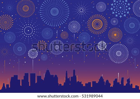 Vector illustration of a festive fireworks display over the city at night scene for holiday and celebration background design. Vector illustration of a festive fireworks display over the city at night scene for holiday and celebration background design.