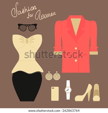Fashion set of elegant dresses with shoes for woman. - stock photo