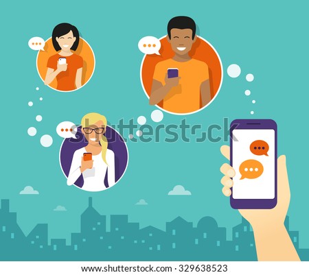 Human hand hold a smartphone and sending messages to friends via messenger app. Chat flat illustration - stock vector Human hand hold a smartphone and sending messages to friends via messenger app. Chat flat illustration - stock vector