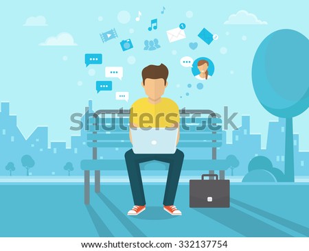 Young man sitting in the street and working with laptop. Flat modern design of social networking and texting to friends. Vector illustration of the man chatting with people using laptop. - stock vector Young man sitting in the street and working with laptop. Flat modern design of social networking and texting to friends. Vector illustration of the man chatting with people using laptop. - stock vector