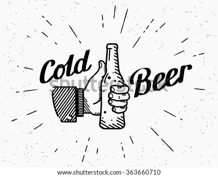 Thumbs up symbol icon with cold beer bottle like gesture. Retro beer bottle drinks for friends with handwritten lettering for logo on grunge background. Cold alcohol beer party vector illustration - stock vector Thumbs up symbol icon with cold beer bottle like gesture. Retro beer bottle drinks for friends with handwritten lettering for logo on grunge background. Cold alcohol beer party vector illustration - stock vector