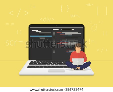 Man is sitting on the big laptop and working. Flat modern illustration of young programmer coding a new project using computer - stock vector Man is sitting on the big laptop and working. Flat modern illustration of young programmer coding a new project using computer - stock vector