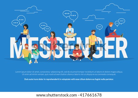 Messenger concept illustration of young people using mobile gadgets such as tablet pc and mobile smartphone for texting messages via internet. Flat design of students standing near letters messenger - stock vector Messenger concept illustration of young people using mobile gadgets such as tablet pc and mobile smartphone for texting messages via internet. Flat design of students standing near letters messenger - stock vector