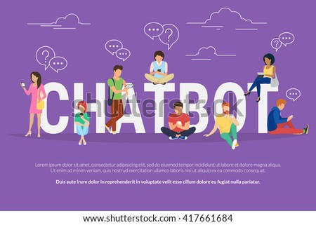 Chatbot concept illustration of young people using mobile gadgets such as tablet pc and mobile phone for chatting with chatter robot. Flat design of chatbot letters and guys with women standing near - stock vector Chatbot concept illustration of young people using mobile gadgets such as tablet pc and mobile phone for chatting with chatter robot. Flat design of chatbot letters and guys with women standing near - stock vector