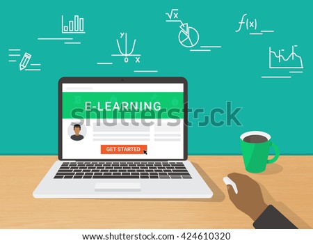 E-learning flat illustration of human hand using laptop for distance elearning studying and education. Man sitting at home and getting started learning educational tutorial on website in laptop screen - stock vector E-learning flat illustration of human hand using laptop for distance elearning studying and education. Man sitting at home and getting started learning educational tutorial on website in laptop screen - stock vector
