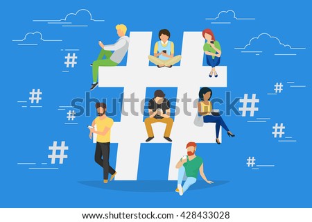 Hashtag concept illustration of young people using mobile tablet pc and smartphone for sending posts with hashtags and sharing in social media. Flat design of guys and women on the big hashtag symbol - stock vector Hashtag concept illustration of young people using mobile tablet pc and smartphone for sending posts with hashtags and sharing in social media. Flat design of guys and women on the big hashtag symbol - stock vector