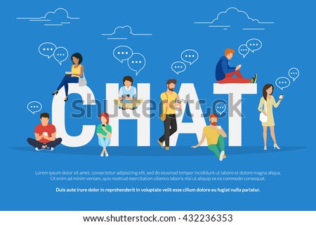 Chat concept illustration of young various people using mobile gadgets such as tablet pc and smartphone for texting messages each other via internet. Flat guys and women standing near big letters chat - stock vector Chat concept illustration of young various people using mobile gadgets such as tablet pc and smartphone for texting messages each other via internet. Flat guys and women standing near big letters chat - stock vector
