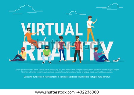 Virtual reality concept illustration of young various people wearing virtual reality helmet for playing game and vr simulation. Flat design of guys and women standing near big letters - stock vector Virtual reality concept illustration of young various people wearing virtual reality helmet for playing game and vr simulation. Flat design of guys and women standing near big letters - stock vector