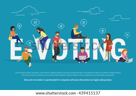 E-voting concept illustration of young people using mobile gadgets such as laptop, tablet and smartphone for online voting via electronic internet system. Flat guys and women near letters evoting - stock vector E-voting concept illustration of young people using mobile gadgets such as laptop, tablet and smartphone for online voting via electronic internet system. Flat guys and women near letters evoting - stock vector