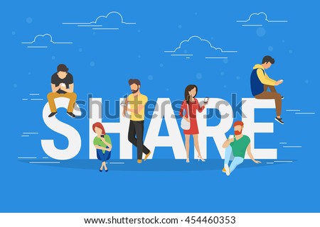 Share concept illustration of young people using mobile gadgets such as tablet pc and smartphone for sharing data, photos and links between each other via internet. Flat big letters share on blue Share concept illustration of young people using mobile gadgets such as tablet pc and smartphone for sharing data, photos and links between each other via internet. Flat big letters share on blue