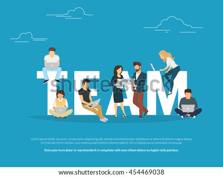 Project teamwork concept illustration of business people working together as team. Manager, designer, programmer and other colleagues using laptops. Flat design for for website banner and landing page - stock vector Project teamwork concept illustration of business people working together as team. Manager, designer, programmer and other colleagues using laptops. Flat design for for website banner and landing page - stock vector