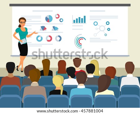 Business seminar female speaker doing presentation and professional training about marketing, sales and e-commerce. Flat illustration of public conference and motivation for business audience Business seminar female speaker doing presentation and professional training about marketing, sales and e-commerce. Flat illustration of public conference and motivation for business audience