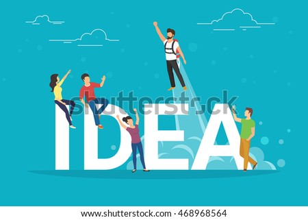 Business people working together as team and celebrating success. Flat people looking at the colleague who got an idea and rises into the sky as a rocket. Business people working together as team and celebrating success. Flat people looking at the colleague who got an idea and rises into the sky as a rocket.