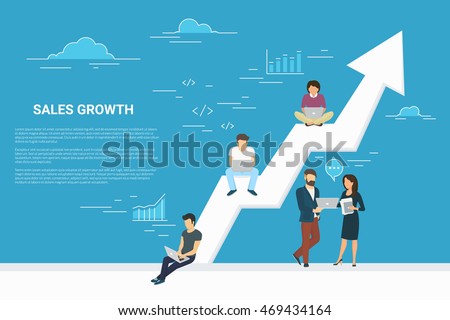 Business growth concept illustration of business people working together as team and sitting on the big arrow. Flat people working with laptops to develop business. Blue background with copy space Business growth concept illustration of business people working together as team and sitting on the big arrow. Flat people working with laptops to develop business. Blue background with copy space
