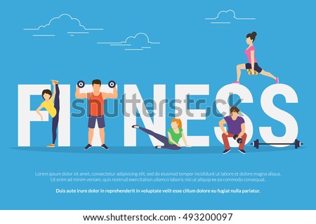 Fitness concept illustration of young people doing workout with equipment. Flat design of guys and women training near big letters fitness. Sport banner for landing page or promotion Fitness concept illustration of young people doing workout with equipment. Flat design of guys and women training near big letters fitness. Sport banner for landing page or promotion