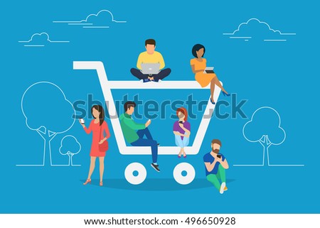 E-commerce cart concept illustration of young people using mobile gadgets such as tablet and smartphone for online purchasing and ordering goods. Flat guys and women sitting on the ecommerce symbol E-commerce cart concept illustration of young people using mobile gadgets such as tablet and smartphone for online purchasing and ordering goods. Flat guys and women sitting on the ecommerce symbol