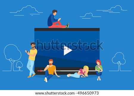 Video watching concept illustration of young people using mobile gadgets, tablet pc and smartphone for live watching a video via internet. Flat design of guys and women staying near big symbol Video watching concept illustration of young people using mobile gadgets, tablet pc and smartphone for live watching a video via internet. Flat design of guys and women staying near big symbol