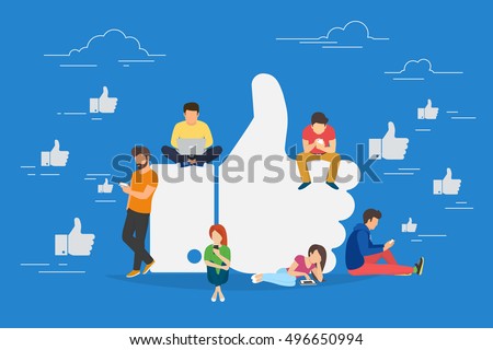 I like it concept illustration of young people using mobile gadgets such as laptop, tablet pc and smartphone for social networking and blogging. Flat design of guys and women near big symbol I like it concept illustration of young people using mobile gadgets such as laptop, tablet pc and smartphone for social networking and blogging. Flat design of guys and women near big symbol