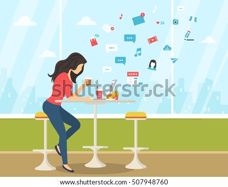 Young woman working with laptop, eating burger and drinking coffee in student cafe. Flat modern illustration of social networking, searching and sending email and texting to friends Young woman working with laptop, eating burger and drinking coffee in student cafe. Flat modern illustration of social networking, searching and sending email and texting to friends