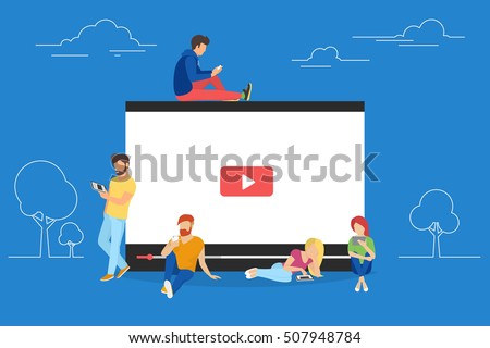 Video concept illustration of young people using mobile gadgets, tablet pc and smartphone for live watching a video via internet. Flat design of guys and women staying near big player symbol Video concept illustration of young people using mobile gadgets, tablet pc and smartphone for live watching a video via internet. Flat design of guys and women staying near big player symbol