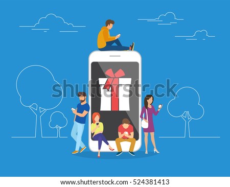 Christmas gifts and presents concept illustration of young people using mobile smartphone for searching gifts and purchasing. Flat men and women standing near big smartphone with gift box on screen Christmas gifts and presents concept illustration of young people using mobile smartphone for searching gifts and purchasing. Flat men and women standing near big smartphone with gift box on screen