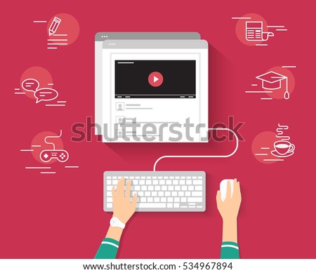 Video tutorial streaming isolated on red background. Elearning and video blogging concept illustration of female hands using browser and keyboard searching video tutorial or vlog for distance learning Video tutorial streaming isolated on red background. Elearning and video blogging concept illustration of female hands using browser and keyboard searching video tutorial or vlog for distance learning