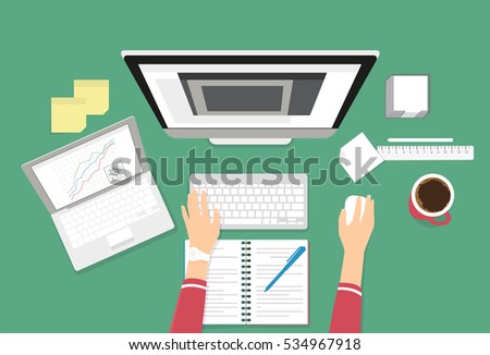 Human female hands typing on the computer keyboard using laptop and notebook for work or learning. Education illustration on green background of working or learning student desktop Human female hands typing on the computer keyboard using laptop and notebook for work or learning. Education illustration on green background of working or learning student desktop