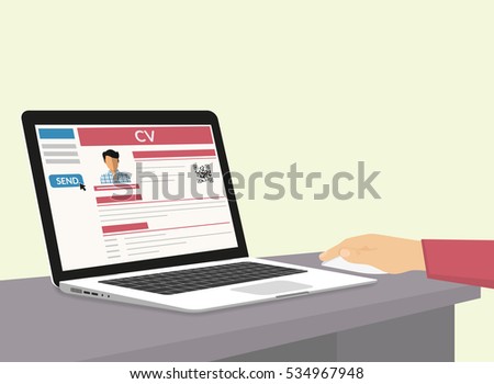 Man is sending his CV via e-mail. Flat illustration of human hand working with laptop at home to prepare and send his cv using internet browser and recruiting website Man is sending his CV via e-mail. Flat illustration of human hand working with laptop at home to prepare and send his cv using internet browser and recruiting website