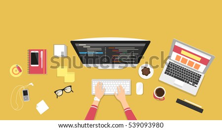 Human female hands typing on the computer keyboard and programming using laptop. Business desktop illustration on yellow background with smartphone, stationery and office elements Human female hands typing on the computer keyboard and programming using laptop. Business desktop illustration on yellow background with smartphone, stationery and office elements