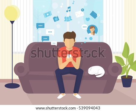 Young man sitting on the sofa at home interior and working with laptop. Flat modern illustration of young student chatting in social networking and texting to friends Young man sitting on the sofa at home interior and working with laptop. Flat modern illustration of young student chatting in social networking and texting to friends