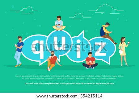 Quiz flat concept illustration of young people using mobile gadgets such smartphone for texting, messaging and answering questions via internet near quiz big bubbels with letters Quiz flat concept illustration of young people using mobile gadgets such smartphone for texting, messaging and answering questions via internet near quiz big bubbels with letters