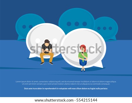 Chat talk addiction concept illustration of young people using smartphones for sending messages to each other via messenger. Flat guy and woman sitting on the big speech bubbles and typing messages Chat talk addiction concept illustration of young people using smartphones for sending messages to each other via messenger. Flat guy and woman sitting on the big speech bubbles and typing messages