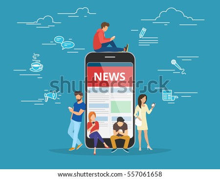 Online reading news. Young men and women are standing near big smartphone and using their own smart phones for reading news. Flat concept illustration of smartphone usability on blue background Online reading news. Young men and women are standing near big smartphone and using their own smart phones for reading news. Flat concept illustration of smartphone usability on blue background