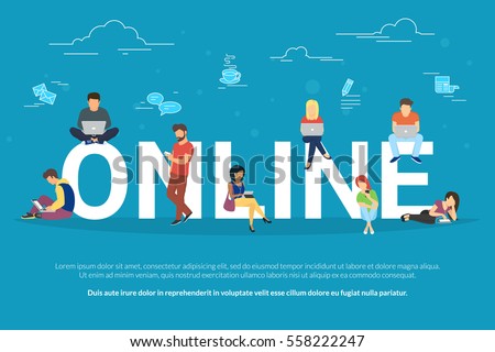 Online addiction concept illustration of young people using mobile gadgets such as smarthone and laptop for social networking. Flat design of guys and young women on letters with social media symbols Online addiction concept illustration of young people using mobile gadgets such as smarthone and laptop for social networking. Flat design of guys and young women on letters with social media symbols