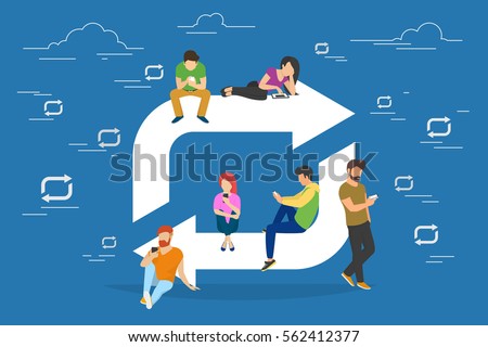 Repost symbol concept illustration of young people using devices laptop and smartphone. Flat people addicted to posting images and news sitting near repost symbol. Social media banner for networks Repost symbol concept illustration of young people using devices laptop and smartphone. Flat people addicted to posting images and news sitting near repost symbol. Social media banner for networks