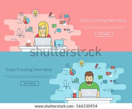 Woman and man working with laptop at work desk. Flat line contour illustration of student working process sitting at home. Educational background of young people learning and studying with computer Woman and man working with laptop at work desk. Flat line contour illustration of student working process sitting at home. Educational background of young people learning and studying with computer