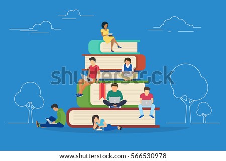 E-learning concept illustration of young people using laptop and tablet pc for distance studying and education. Flat design of guys and young women sitting on the books and reading for self education E-learning concept illustration of young people using laptop and tablet pc for distance studying and education. Flat design of guys and young women sitting on the books and reading for self education