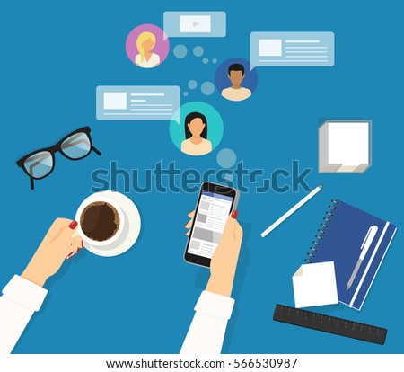 Online reading announcements in social networks. Female hands holds smartphone for keeping track of her friends announcements and reposts. Flat concept illustration of reposting news on blue work desk Online reading announcements in social networks. Female hands holds smartphone for keeping track of her friends announcements and reposts. Flat concept illustration of reposting news on blue work desk