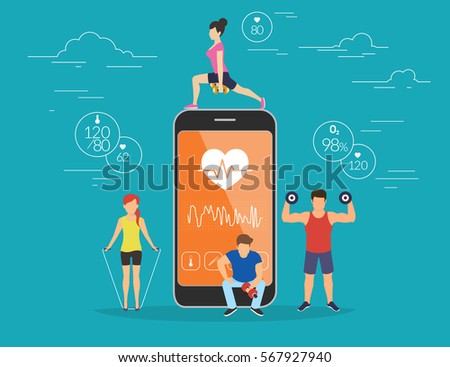 Health care mobile app concept illustration. Young men and women are standing near big smartphone with app for sport and fitness tracking heart beating data and getting information of pulse rate Health care mobile app concept illustration. Young men and women are standing near big smartphone with app for sport and fitness tracking heart beating data and getting information of pulse rate