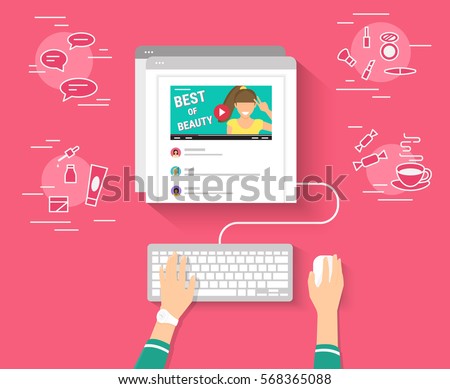 Trend bloger video streaming isolated on red background. Networking and beauty blogging concept illustration of female hands using browser and keyboard watching video and reading comments below Trend bloger video streaming isolated on red background. Networking and beauty blogging concept illustration of female hands using browser and keyboard watching video and reading comments below