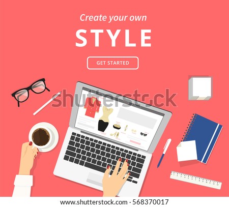Lazy woman sitting at the desk with laptop and choosing clothes and accessories online. Flat illistration top view of people drinking coffee using laptop and purchasing fashion clothes in networks Lazy woman sitting at the desk with laptop and choosing clothes and accessories online. Flat illistration top view of people drinking coffee using laptop and purchasing fashion clothes in networks