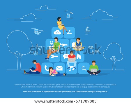Young men and women sitting on mobile app icons and using smartphone and laptop for reading news and texting message to friends. Flat concept illustration of app addiction on blue background Young men and women sitting on mobile app icons and using smartphone and laptop for reading news and texting message to friends. Flat concept illustration of app addiction on blue background