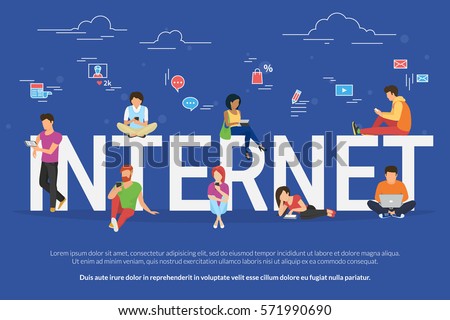 Internet addicted people concept illustration of men and women using devices such as laptop, smartphone, tablets. Flat design of people addicted to gadgets sitting on the letters with media symbols Internet addicted people concept illustration of men and women using devices such as laptop, smartphone, tablets. Flat design of people addicted to gadgets sitting on the letters with media symbols