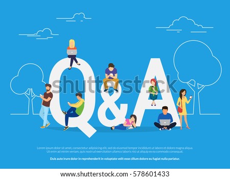 Question and answer concept illustration of young people standing near letters and using smart phone, laptop and digital tablet. Flat women and men with letters symbols Q and A on blue background Question and answer concept illustration of young people standing near letters and using smart phone, laptop and digital tablet. Flat women and men with letters symbols Q and A on blue background