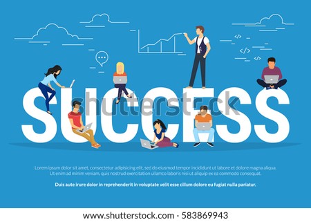 Success concept illustration of young people having the workshop and brainstorming for new brand to achieve successful business result. Flat design of guys and women sitting on big letters and working Success concept illustration of young people having the workshop and brainstorming for new brand to achieve successful business result. Flat design of guys and women sitting on big letters and working