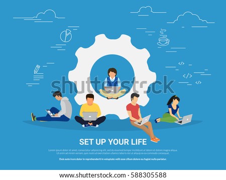 Set up your life concept illustration of young people working and learning to achieve success. Flat design of students using laptops sitting near big gear symbol on blue background Set up your life concept illustration of young people working and learning to achieve success. Flat design of students using laptops sitting near big gear symbol on blue background