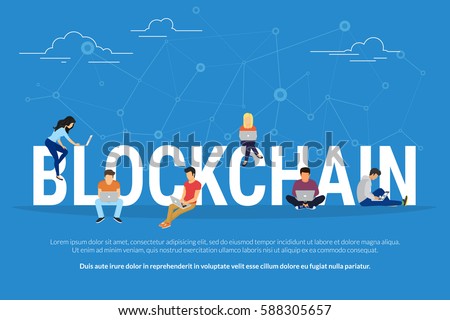 Blockchain concept illustration of young men and women using laptop and for database coding and development software platform for digital assets. Flat design of people sitting on big letters Blockchain concept illustration of young men and women using laptop and for database coding and development software platform for digital assets. Flat design of people sitting on big letters
