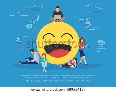 Young men and women standing near big emoji head symbol and using their smart phones for texting to live chat, messengers and networks. Flat concept illustration of online talk on blue background Young men and women standing near big emoji head symbol and using their smart phones for texting to live chat, messengers and networks. Flat concept illustration of online talk on blue background