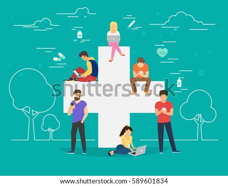 Pharmacy mobile app concept. Flat illustration of young men and women near big cross symbol and using smart phones for ordering and purchase pills and medicine drugs via mobile app and internet Pharmacy mobile app concept. Flat illustration of young men and women near big cross symbol and using smart phones for ordering and purchase pills and medicine drugs via mobile app and internet