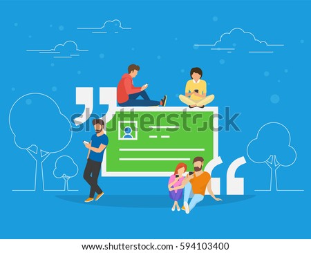 Testimonials quote symbol vector illustration of people using smartphone to make comments in social network. Flat people addicted to leave testimonials for images and news sitting on big quote symbol Testimonials quote symbol vector illustration of people using smartphone to make comments in social network. Flat people addicted to leave testimonials for images and news sitting on big quote symbol